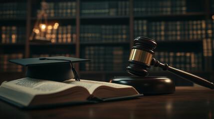 a dark wood judgeâs gavel placed next to an open law book, with a graduation cap symbolizing acade