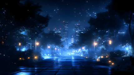 Poster - Cityscape Night: Blue Lights, Trees, and Pathway