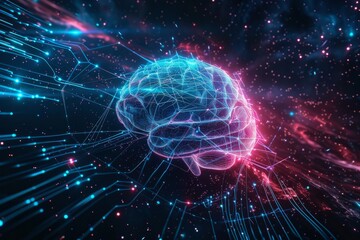 Poster - Exploring the neural connections of artificial intelligence in a vibrant cosmic landscape at the forefront of technology. Generative AI