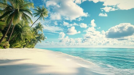 Poster - Sea beach on island with tropical palm landscape. Ocean summer scene and lagoon shore holiday adventure paradise. Jungle coastline horizon view at sunny day. Empty vacation coast and seascape design 