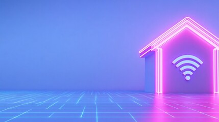 Poster - Modern smart home concept with neon lights and wireless symbol on blue background, showcasing digital lifestyle.