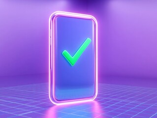 Poster - Modern smartphone with glowing checkmark on a vibrant purple background.