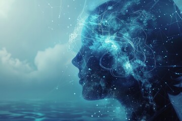 Poster - A serene silhouette of a woman merges with cosmic elements, capturing the essence of creativity and tranquility at dawn. Generative AI