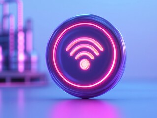 Neon glowing Wi-Fi symbol icon on a smooth surface, illuminated in vibrant colors for a futuristic tech theme.