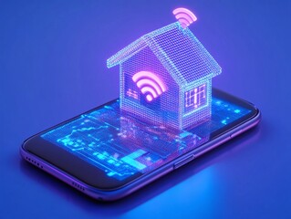 Poster - Smart home technology symbolized by a holographic house on a smartphone with blue lights.