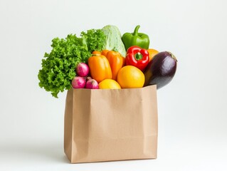 2408 114.A close-up of a paper shopping bag overflowing with fresh fruits and vegetables, set against a bright, minimalist background. The composition leaves space for text on the side, ideal for a