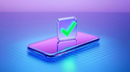 Poster - Stylish smartphone with glowing checkmark symbol on screen, modern digital design.