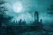 © Hunman - A spooky graveyard under a full moon, with eerie mist floating over the headstones. Dark, haunting atmosphere.