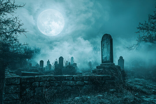 A spooky graveyard under a full moon, with eerie mist floating over the headstones. Dark, haunting atmosphere.