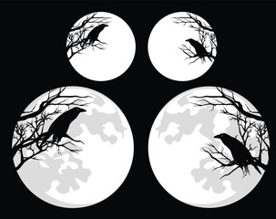 Wall Mural - raven bird sitting at bare tree branch against full moon - black and white vector halloween night de
