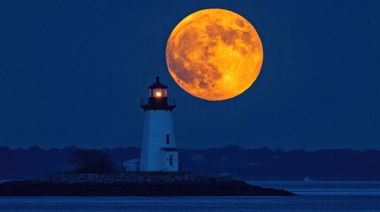 Wall Mural - lighthouse at sunset with full moon rise