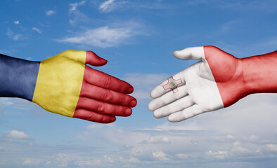 Malta and Romania country handshaking with flags, consensus concept international co-operation illustration