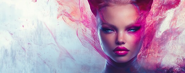 Surreal portrait of a woman with vibrant pink and blue hues, artistic fantasy concept