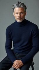 Poster - A man in a blue sweater sits on a stool