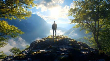 Sticker - Man Standing on Mountaintop with Foggy Valley Below