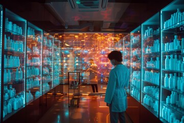 Poster - exploring a futuristic laboratory filled with glowing bottles and vibrant electronic displays in a h