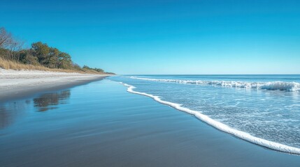 Peaceful Beach Scene with Gentle Waves and Blue Skies