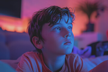 Child gamer boy in a neon-lit room, showing a winner expression while streaming.