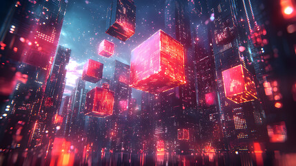 Poster - Futuristic cityscape featuring vibrant red cubes floating amidst digital elements and luminous particles.