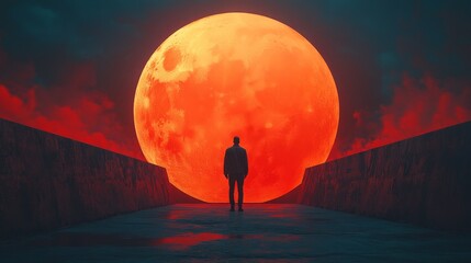 A man stands in front of a large red moon