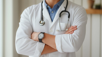 Poster - a man in a white lab coat is wearing a watch and holding his arms crossed