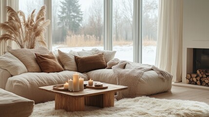 Poster - A cozy living room with a fireplace and a couch