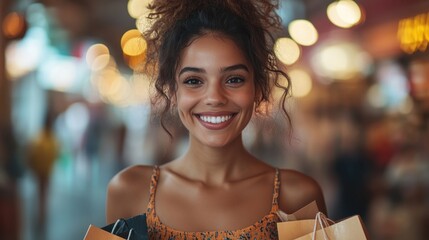 Wall Mural - woman with very happy face holding shopping bags and smiling standing in a shopping centre surrounded by warm glow of storefronts woman is wearing a dress capturing the dynamic energy of urban life