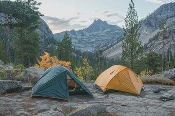 A campsite with two tents, one green and one yellow, set up in a mountainous area.