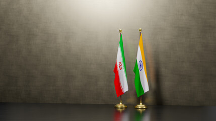 Iran and India flags on table. Negotiation between India and Iran. on background. 3D work and 3D image