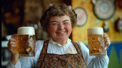 Smiling elderly woman in a traditional dirndl holding two beer mugs, celebrating Oktoberfest with joy against a vibrant background