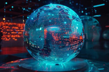 Poster - a captivating illuminated globe showcasing a digital world at a modern technology exhibition during 