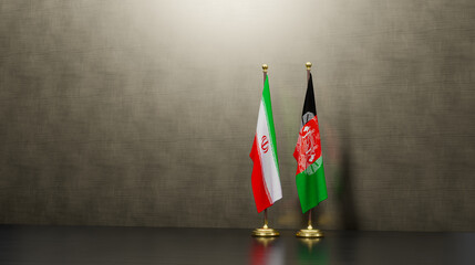 Iran and Afghanistan flags on table. Negotiation between Afghanistan and Iran. on background. 3D work and 3D image