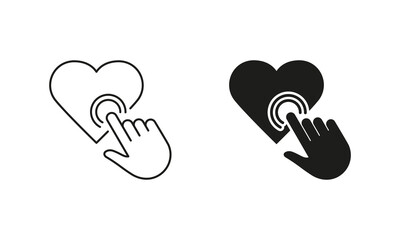 Poster - Like Sign For Social Media. Finger Click The Heart Shape Button Line and Silhouette Icon Set. Human Hand Tap On Heart Pictogram. Editable Stroke. Isolated Vector Illustration