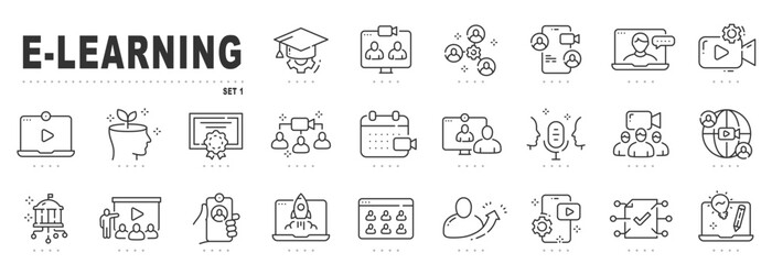 Set of e-learning related line icons. Education, online, seminar, conference etc. Editable stroke.