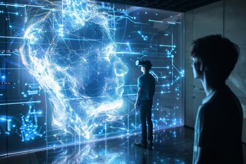Poster - Exploring virtual reality technology as a user engages with an interactive holographic display at a tech exhibition. Generative AI