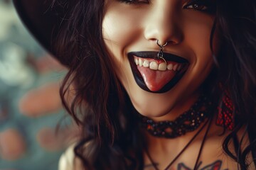 Wall Mural - Young woman sticking out her tongue playfully, showing multiple facial piercings.