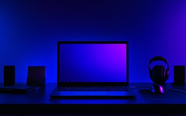 Poster - A sleek workspace with a laptop, headphones, and speakers illuminated by a purple-blue glow.