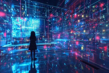 Fototapete - A young girl explores a mesmerizing digital landscape filled with colorful lights and patterns in an immersive art installation. Generative AI