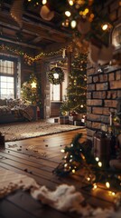 Poster - Christmas scene with decorations and a cozy room visible from the back, creating a warm ambiance.