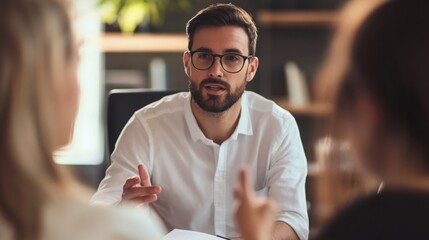 Poster - A man in a white shirt is talking to two other people