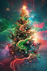 Poster - Christmas tree with abstract decorations merging into a fantastical background.