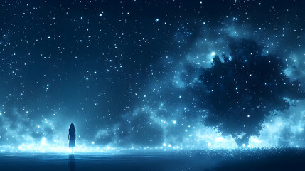 Poster - Silhouette of a Woman Standing in a Glowing Field of Stars