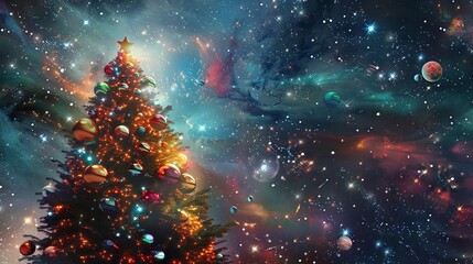 Poster - Christmas tree with cosmic decorations.