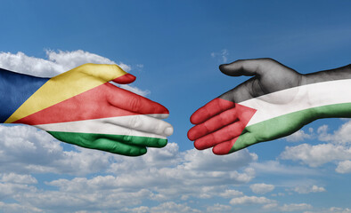 Palestine and Gaza Strip and Seychelles country handshaking with flags, consensus concept international co-operation illustration