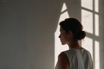 young woman silhouettes from the back against the background of a white wall, sunlight, minimalism