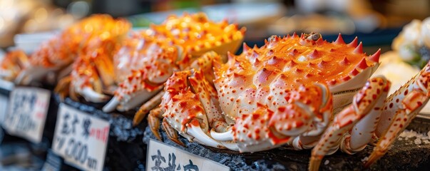 Wall Mural - Freshly cooked king crabs on display at seafood market, vibrant and detailed. Free copy space for banner.