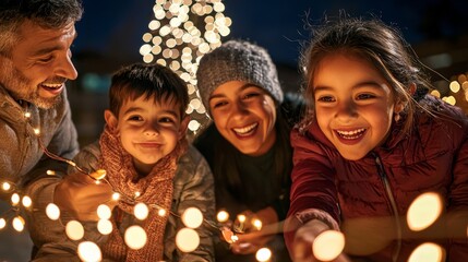 A mixed family stringing up Christmas lights outside their home, with joyful expressions as they work together to create a festive display