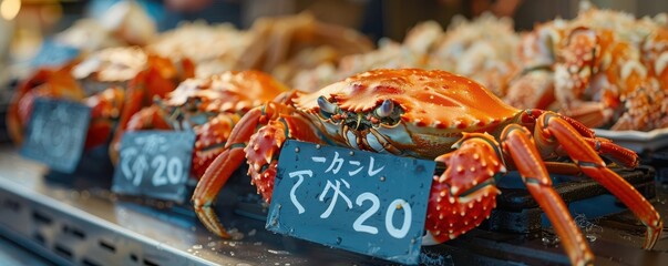 Wall Mural - Freshly cooked king crabs on display at seafood market, vibrant and detailed. Free copy space for banner.