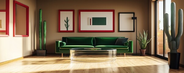 An artistic living room with hickory floors, taupe walls, and an emerald green sofa An oval acrylic coffee table, crimson frames, and tall cactus plants A minimalist black LED light fixture