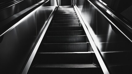 Aufkleber - Modern escalator moving upwards in dim light, urban architecture concept